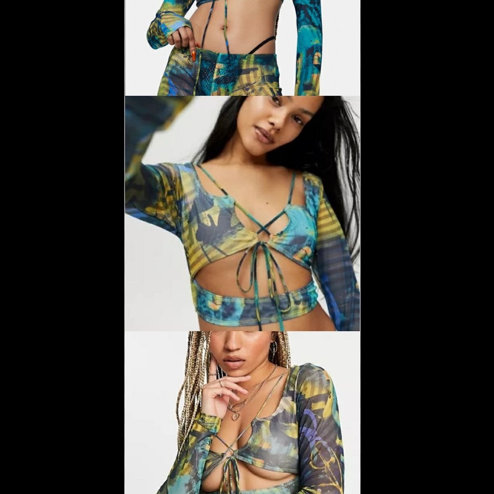 Jaded London Abstract Mesh Blue Long Sleeve Crop Top
